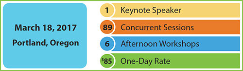 1 Keynote Speaker, 89 Concurrent Sessions, 6 Afternoon Workshops, $85 One-Day Rate